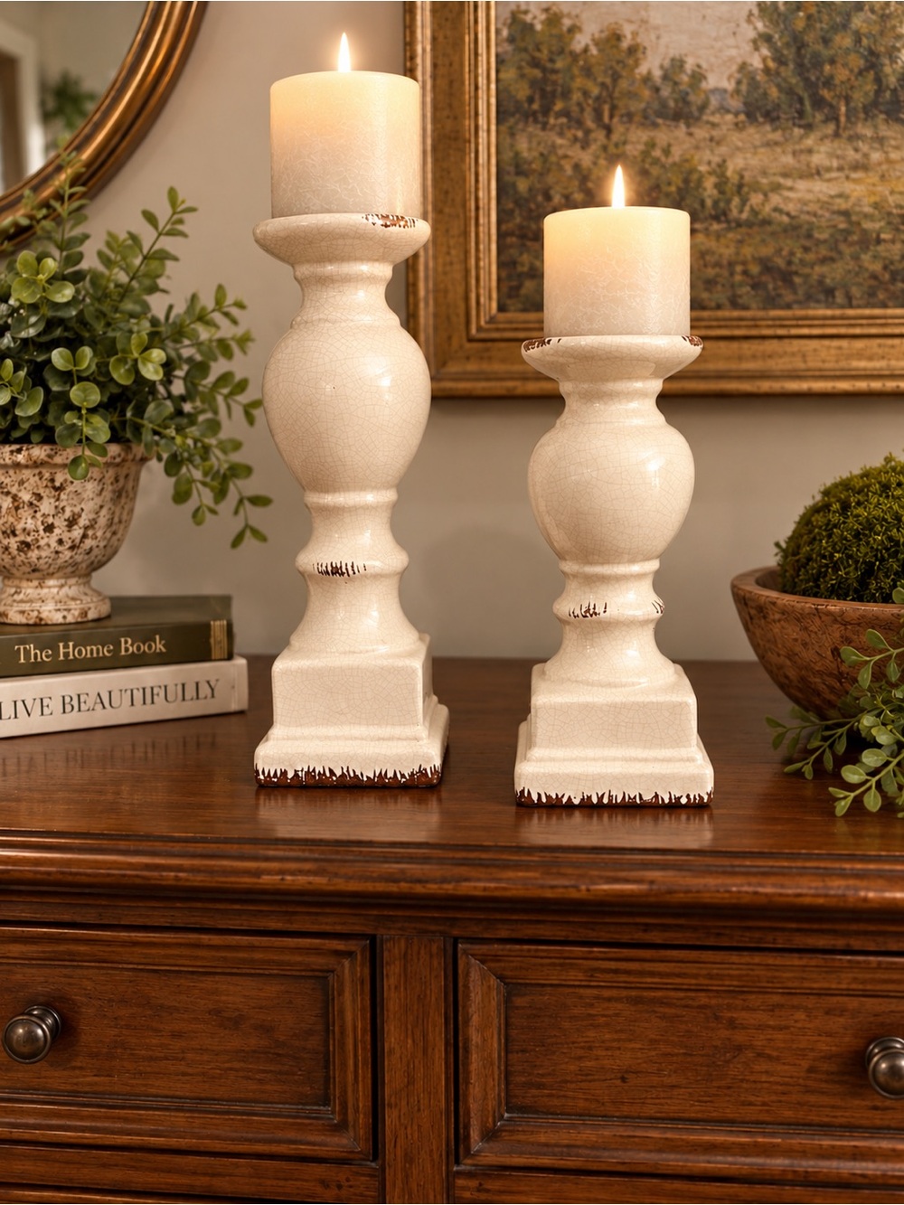 Set of 2 Distressed Cream Crackle Glaze Candle Holders – Farmhouse Decor